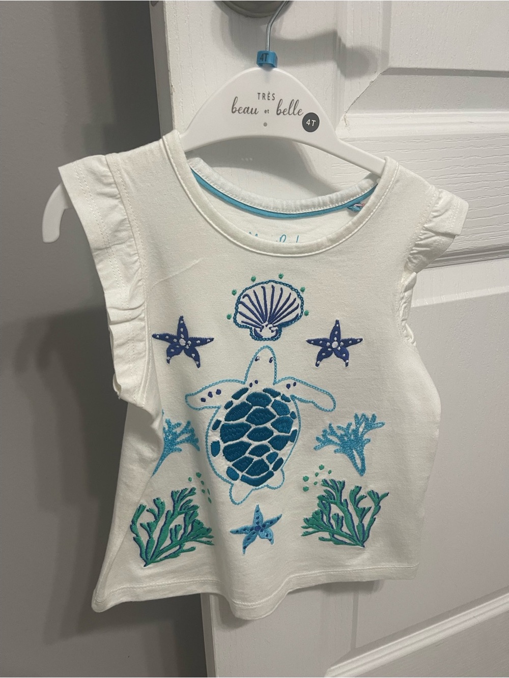 Mini Boden White Tank Top with Teal & Blue Sea Turtle